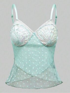 NEW Mermaid Siren Fairycore Festival Rave Y2K Mesh Sheer Sequin Seashell Top L